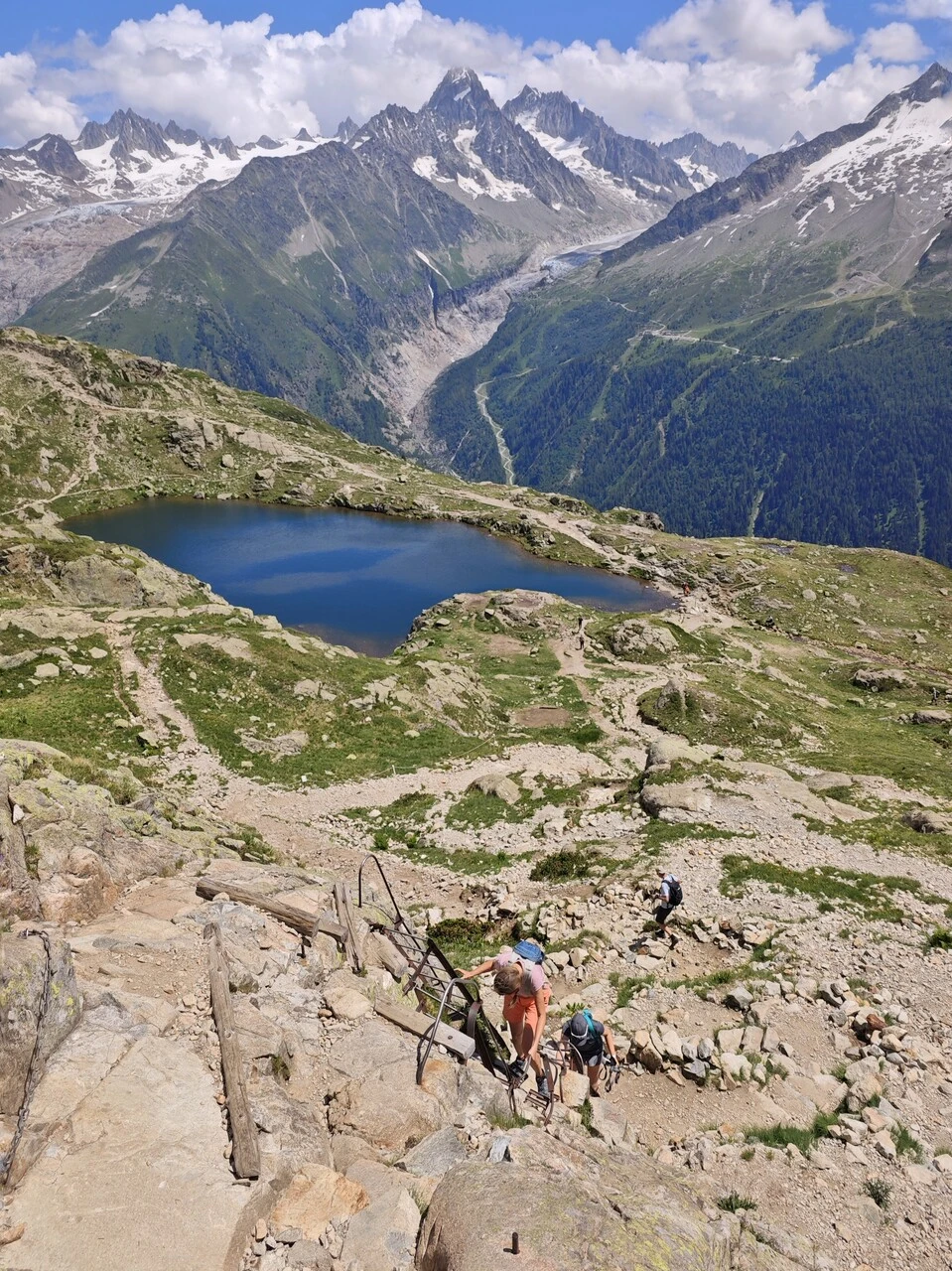 Hillwalkers on the ladders above the lacs des Chéserys, glacier d'Argentière behind them
