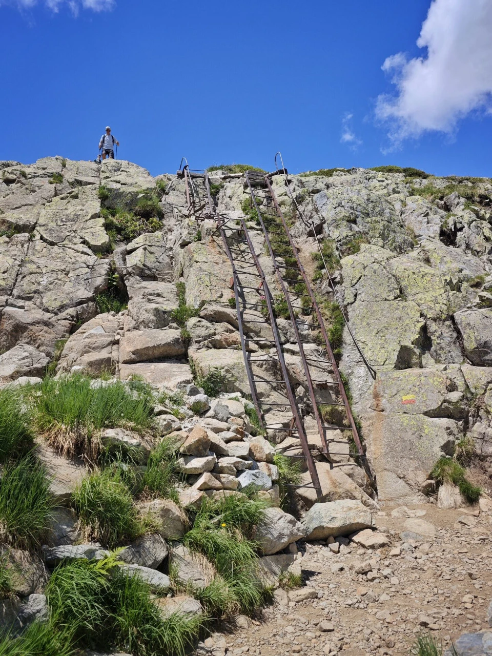 One of the metal ladders bolted into the rock band, on the Tré-le-Champ path