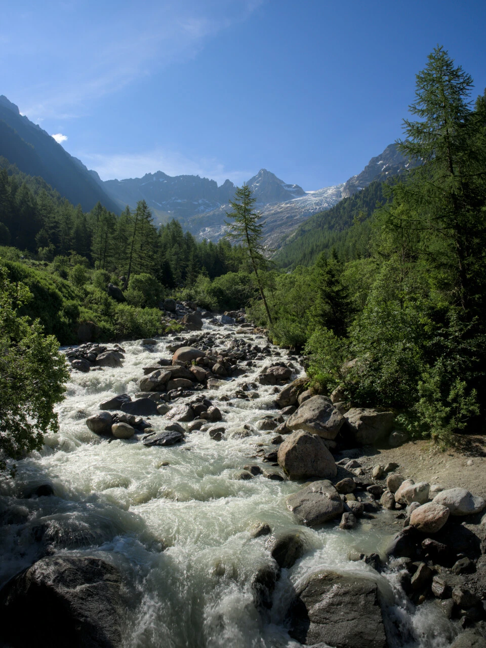 Glacial torrent in the Val d'Arpette, water tumbling between boulders