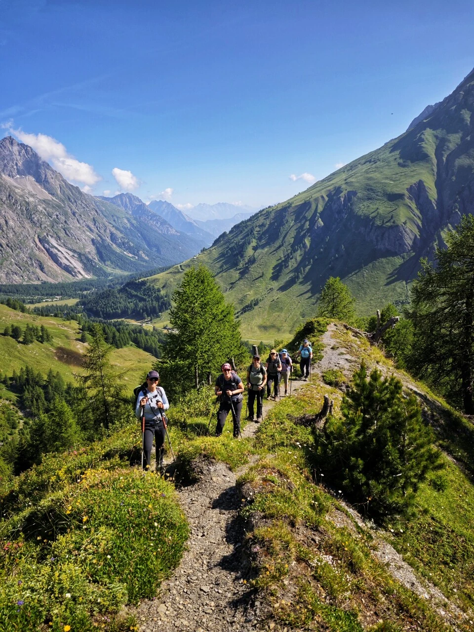 Balcony trail in the Swiss Val Ferret, heading down towards La Fouly