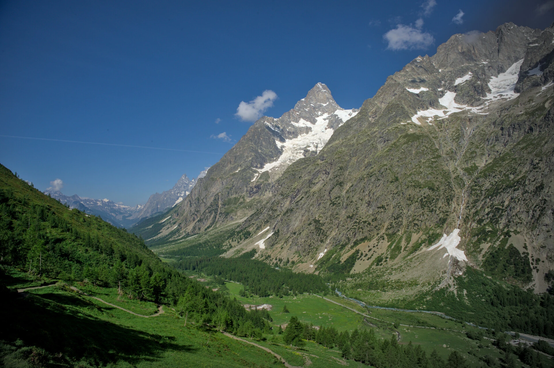 Early-morning meadows of the Italian Val Ferret, larch forest and snowy summits