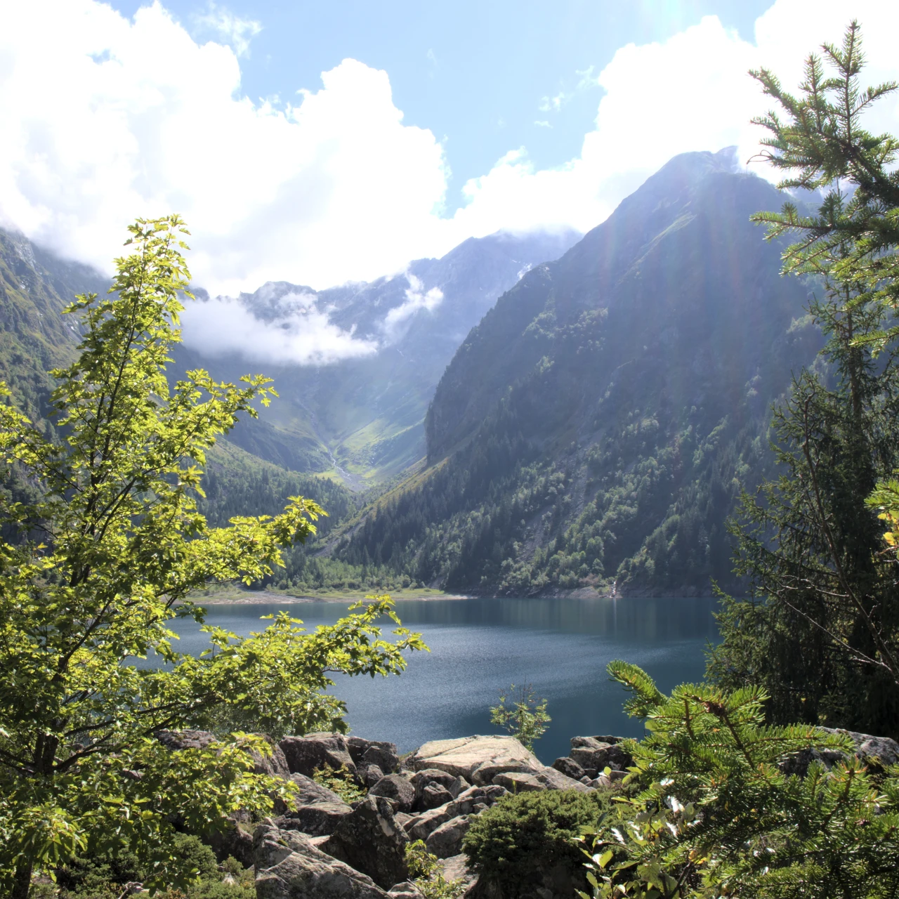 Lac de Lauvitel seen from the access path, the largest natural lake in the Écrins massif