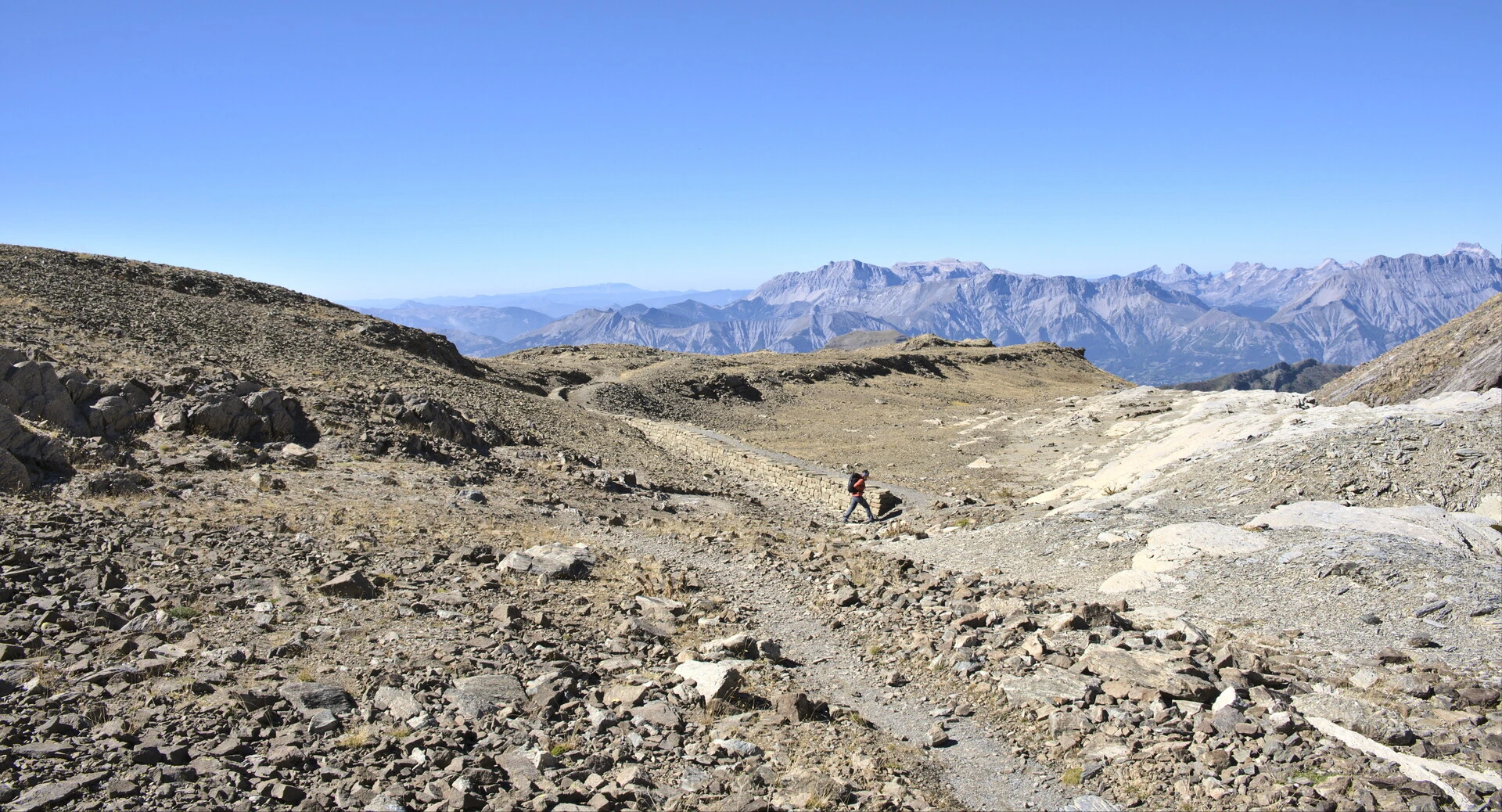 Stony path through the scree on the upper part of Vieux Chaillol